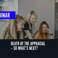 An image with text on it. The image features three AAB employees smiling and sharing conversation looking at a screen. The text is Death of the Appraisal - so what's next?