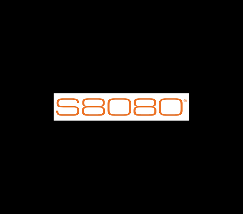S8080 logo in orange thing font with a white square and black background