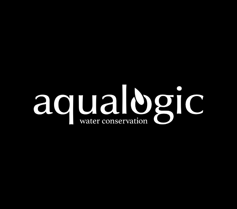 Aqualogic logo in white font with a water drop shape on top of the letter 'o' , "water construction' in smaller white font underneath with a black background