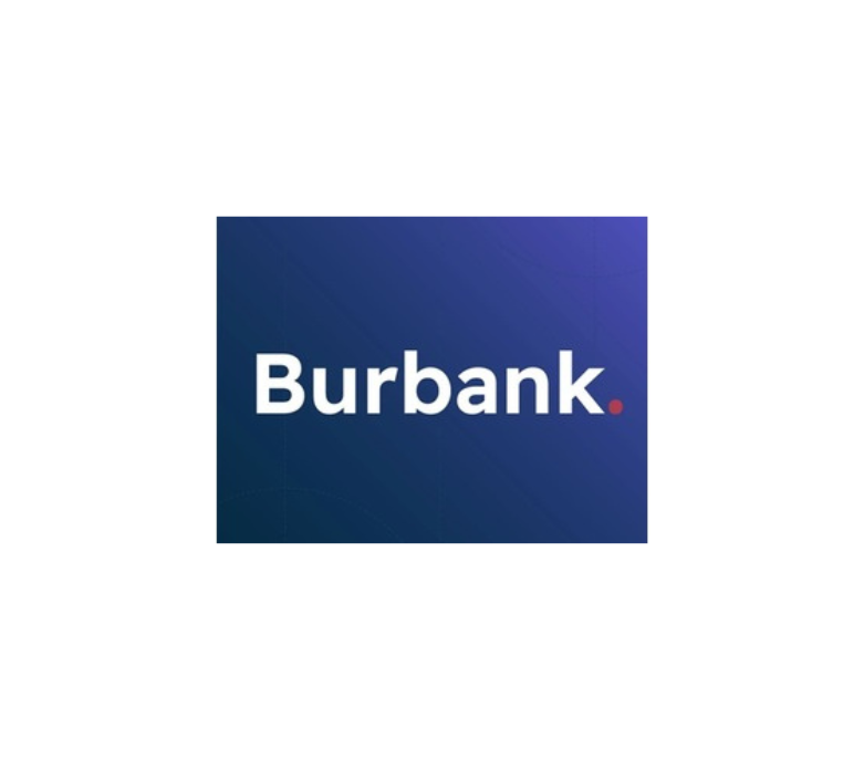 Burbank logo in white font with a navy blue square background