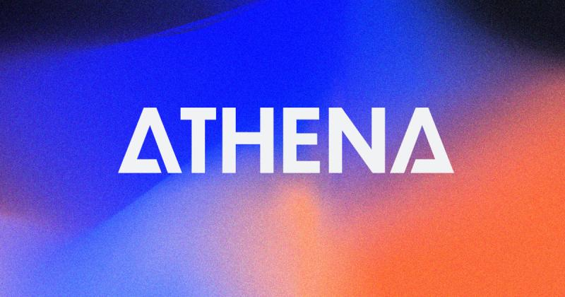 Athena Security Security logo with 'athena' written in white font with a black, orange, red and blue grainy background